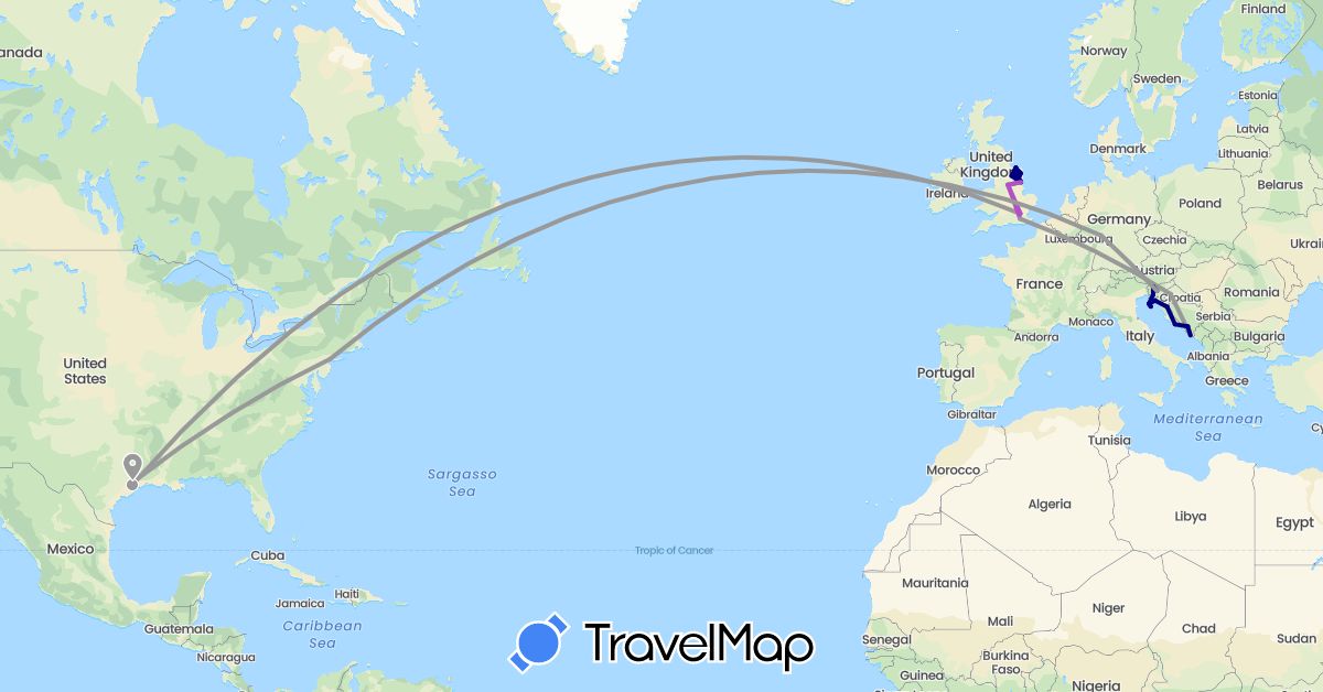 TravelMap itinerary: driving, bus, plane, train in Bosnia and Herzegovina, Germany, United Kingdom, Croatia, Slovenia, United States (Europe, North America)