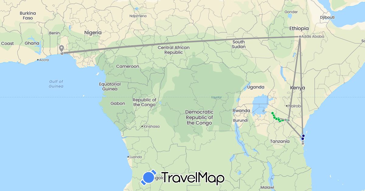 TravelMap itinerary: driving, bus, plane in Ethiopia, Nigeria, Tanzania (Africa)